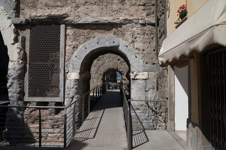 View to the Porta Pretoria what  is the eastern entrance of the Roman city of Augusta Praetoria Salassorum (Aosta today).の写真素材