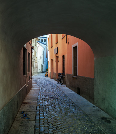 ITALY, AOSTA - JULY 8: Aosta is region in the Italian Alps. View to the narrow street on 8 July 2018 Aosta, Italy.のeditorial素材