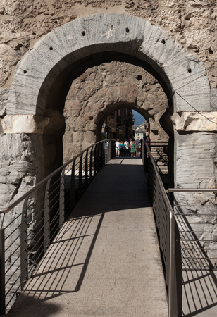 View to the Porta Pretoria what  is the eastern entrance of the Roman city of Augusta Praetoria Salassorum (Aosta today).の写真素材