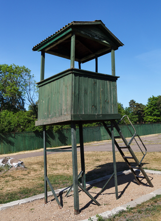 View to the watchtower on prison museum in Latvia.のeditorial素材