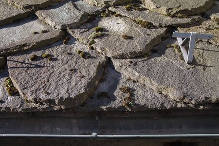 Stone roofed houses in the town, Italy.の写真素材