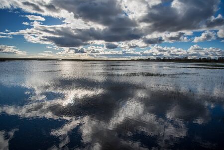 View from wooden path to the lake in Liepaja, Latvia.
