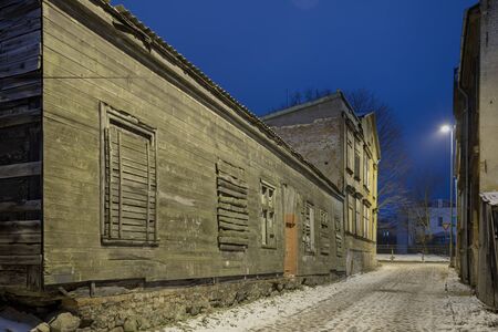 View to the old street in night, Liepaja, Latvia.の写真素材
