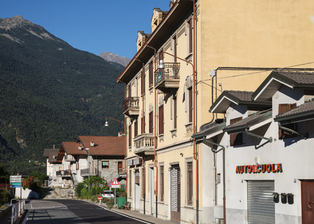 ITALY, CHATILLON - 7 JULY: Chatillon is an ancient town with unique, distinctive architecture. View to the street of old town in morning on 7 July 2018, Chatillon, Aosta valey, Italy.のeditorial素材