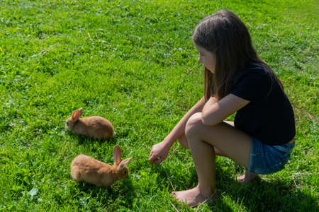 Girl with red rabbits outside.の写真素材