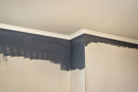 Partially painted wall surface during repairs.の写真素材