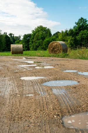 View to country road with puddle in countryside.の写真素材