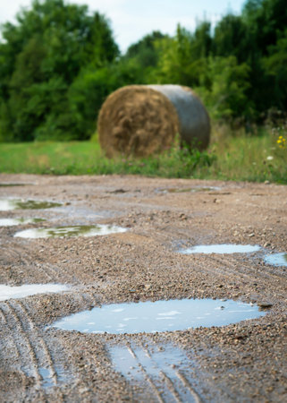 View to country road with puddle in countryside.の写真素材