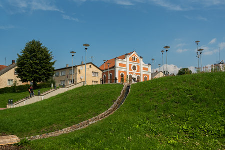 View to Synagogue on the coast of river Abava.の写真素材