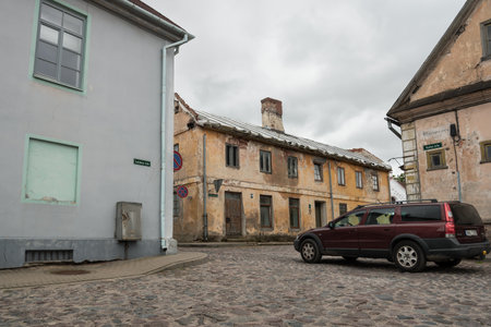 LATVIA, TALSI - 24 AUGUST: Talsi is a city in Latvia.  It is nicknamed the "green pearl of Courland. View of the stone city road on 24 August 2021,Talsi, Latvia.のeditorial素材