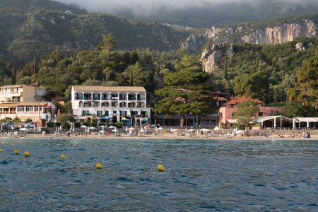 GREECE, KORFU - 19 SEPTEMBER: Corfu (or Kerkyra) is the Greek island. It is in the Ionian Sea. View of the beach in Paleokastrica on 19 September 2021, Paleokastrica, Corfu, Greece.のeditorial素材