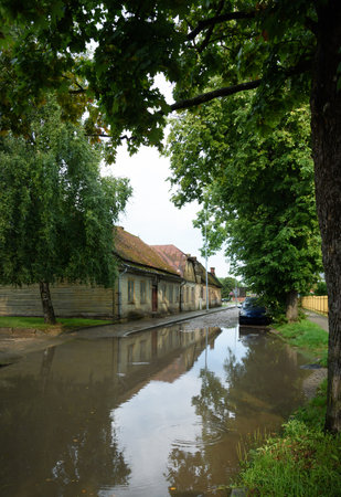 View of a street in a small town after rain.の写真素材