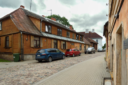 LATVIA, TALSI - 24 AUGUST: Talsi is a city in Latvia.  It is nicknamed the 'green pearl of Courland '. View of the stone city road on 24 August 2021, Talsi, Latvia.のeditorial素材