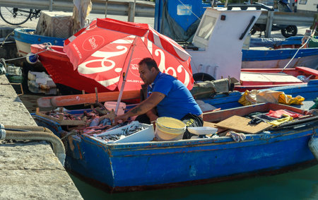 ITALY, TRAPANI-20 OCTOBER: Trapani is a city on the west coast of Sicily. View of the fish market in Trapani on 20 October  2022, Trapani, Sicily.のeditorial素材