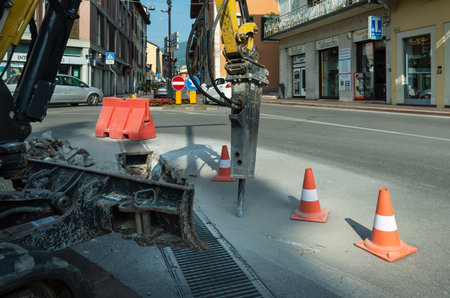 ITALY, BRESA-13 May : Brescia is a city and comune in the region of Lombardy, Northern Italy. Repair work on street on 13 May 2022, Brescia, Italy.のeditorial素材