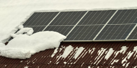 Natural solar panel covered with snow on the roof.