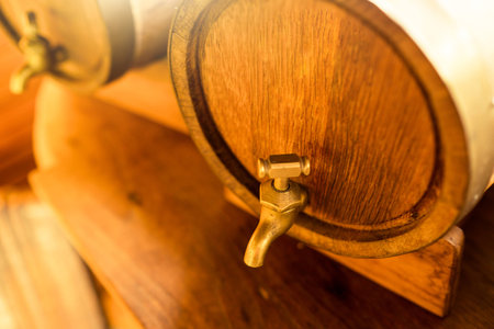 faucet with oak  barrels in vintage toneの写真素材