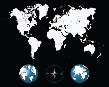 Detailed white world map with compass and globe-vector illustrationのイラスト素材