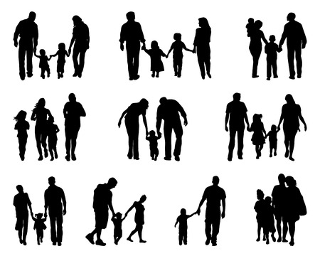 Black silhouettes of walking families , vector illustrationのイラスト素材