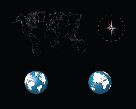 Detailed world map with compass and globes, vector illustrationのイラスト素材