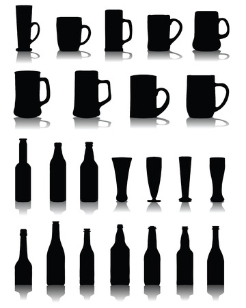 Silhouettes and shadows of mugs and glasses  of beer, vectorのイラスト素材
