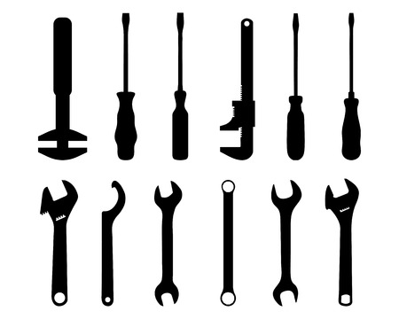 Black silhouettes of screwdriver and screw wrench, vector illustrationのイラスト素材