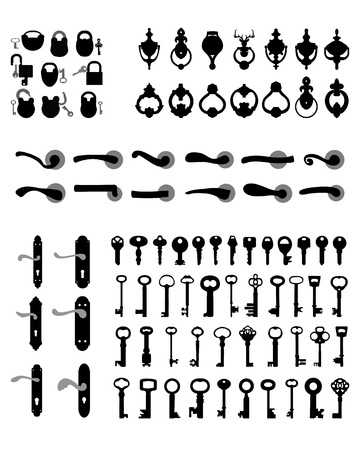 Silhouettes of door handle, knocker, latch, keys and padlocksのイラスト素材
