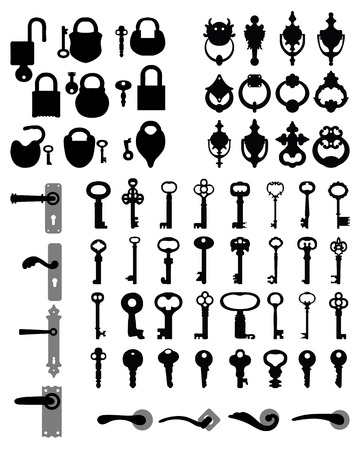 Silhouettes of door handle, knocker, latch, keys and padlocksのイラスト素材