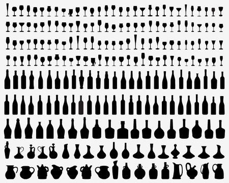 Black silhouettes of glasses and bottles of wine, vectorのイラスト素材