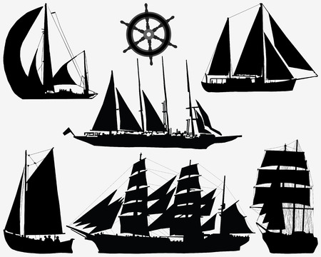 Black silhouettes of ships and rudder, vector illustrationのイラスト素材