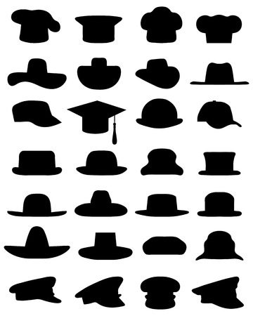 Black silhouettes of various caps and hats, vectorのイラスト素材