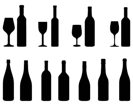 Black silhouettes of glasses and bottles, vectorのイラスト素材