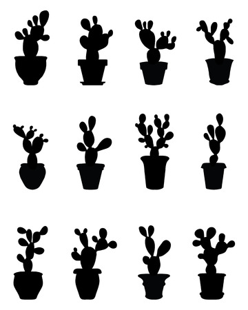 Black silhouettes of cactus at potted, vectorのイラスト素材