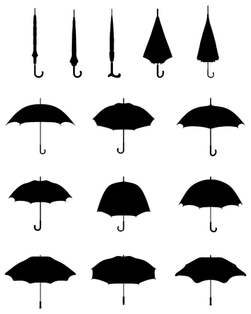 Black silhouettes of open and closed umbrellas, vectorのイラスト素材