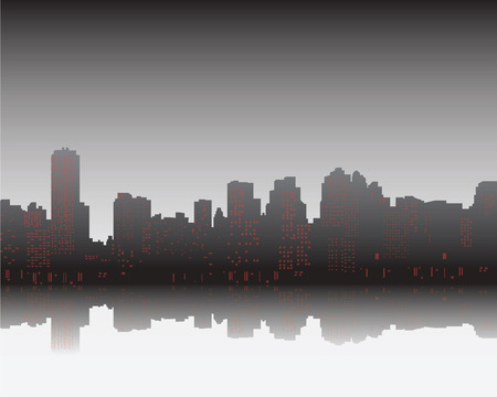 Black silhouette and shadows of city on sunset, vector illustrationのイラスト素材