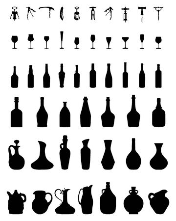 Black silhouettes of bowls, bottles, glasses and corkscrew, vectorのイラスト素材