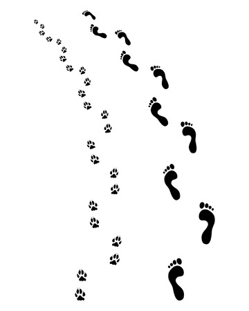 Prints of human feet and dog paws, turn leftのイラスト素材