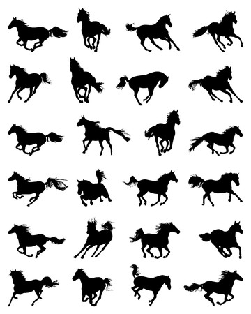 Black silhouettes of galloping horses on a white backgroundのイラスト素材
