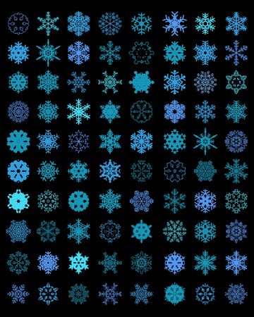 Set of different blue snowflakes on a black backgroundのイラスト素材