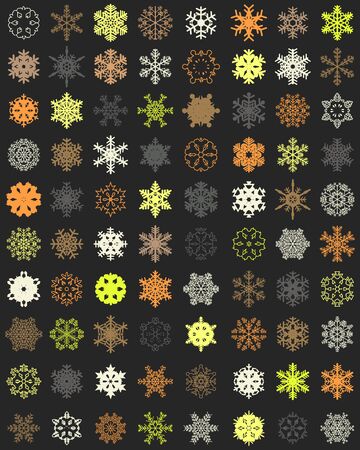 Set of different colorful snowflakes on a dark backgroundのイラスト素材