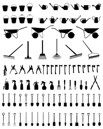 Black silhouettes of garden tools on a white background.のイラスト素材