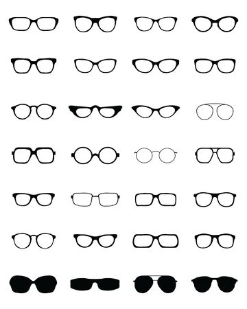 Black silhouettes of different eyeglasses on a white backgroundのイラスト素材