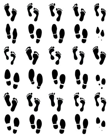 Black prints of human feet and shoes on a white backgroundのイラスト素材
