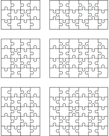 Vector illustration of six different white puzzles, separate piecesのイラスト素材