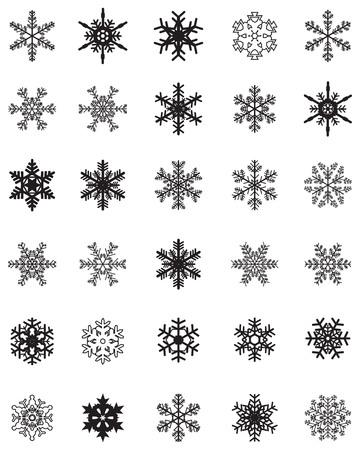 Set of different black snowflakes on a white backgroundのイラスト素材