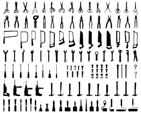 Set of black silhouettes of tools on a white backgroundのイラスト素材