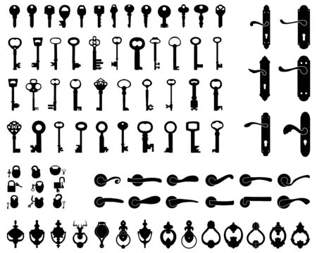 Silhouettes of door handle, knocker, latch, keys and padlocksのイラスト素材