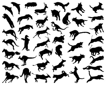 Black silhouettes of animals in a jump on a white backgroundのイラスト素材