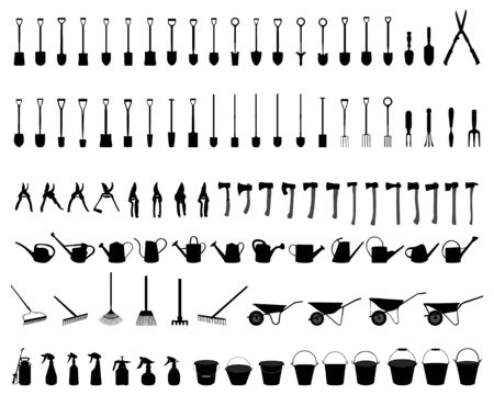 Black silhouettes of garden tools on a white backgroundのイラスト素材