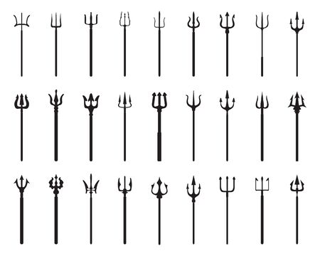Set of black silhouettes of trident on a white backgroundのイラスト素材